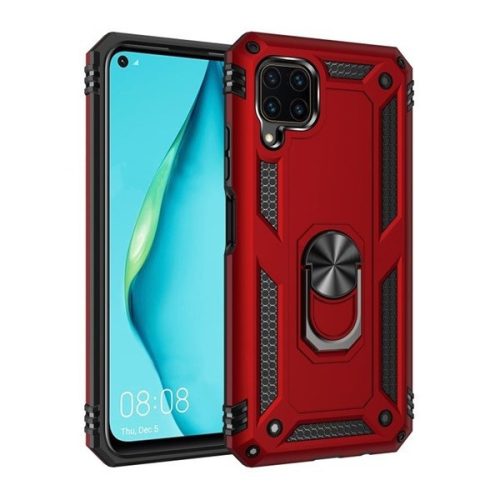 Huawei P40 Lite, Plastový zadný kryt, stredne odolný proti nárazu, silikónová vnútorná strana, krúžok na držiak telefónu, Defender, červená farba