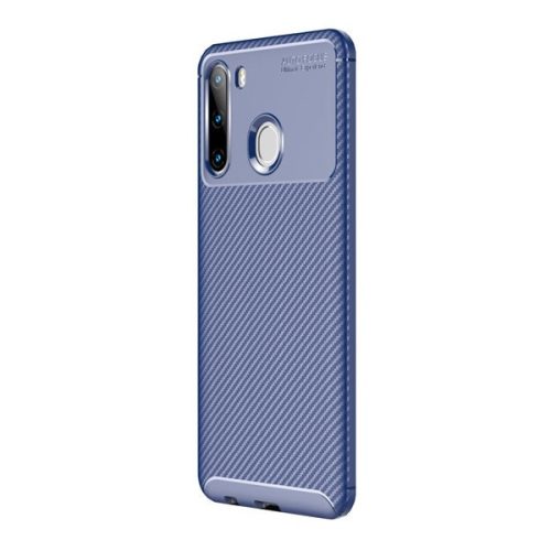Samsung Galaxy A21 SM-A210F, silikónové puzdro, stredne odolné proti nárazu, päta so vzduchovým vankúšom, karbónový vzor, modré