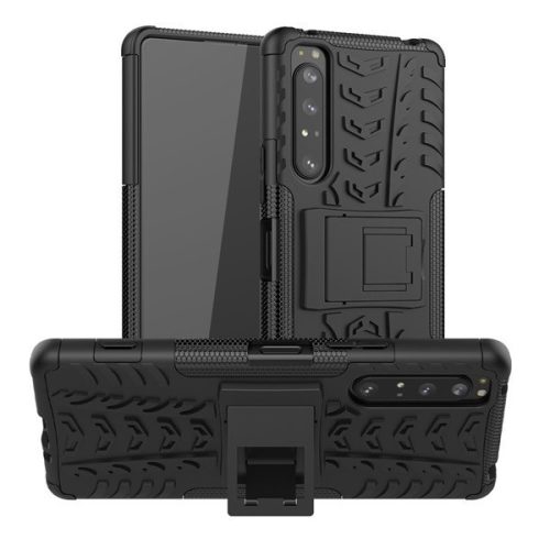 Sony Xperia 1 II, Plastový zadný kryt, Defender, s podporou a silikónovým vnútrom, vzor automobilovej pneumatiky, čierny