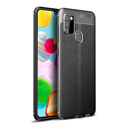 Samsung Galaxy A21s SM-A217F, silikónové puzdro, kožená textúra, vzor švov, čierna farba