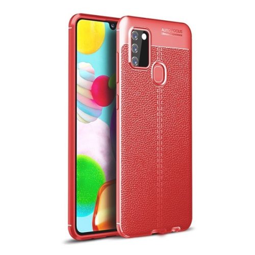 Samsung Galaxy A21s SM-A217F, silikónové puzdro, kožený efekt, vzor švov, červené