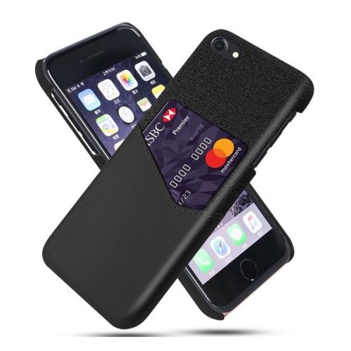 Apple iPhone 7 / 8 / SE (2020) / SE (2022), Plastový zadný kryt, stredne odolný proti nárazu, textilná podšívka, zadný kryt s koženým vzhľadom, s držiakom na karty, čierny
