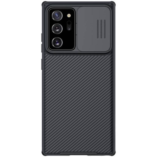 Samsung Galaxy Note 20 Ultra / 20 Ultra 5G SM-N985 / N986, plastová zadná strana + silikónový rám, stredne odolný proti nárazu, ochrana fotoaparátu, pruhovaný vzor, Nillkin CamShield Pro, čierna