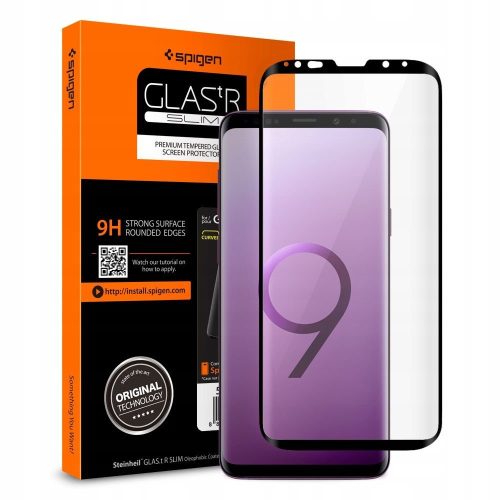 Samsung Galaxy S9 Plus SM-G965, ochranná fólia displeja, nárazuvzdorná fólia (aj na zakrivenú časť!), tvrdené sklo, Spigen Glastr Slim Curved, čierna