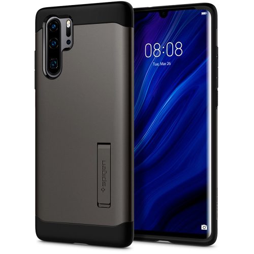 Huawei P30 Pro, silikónové puzdro s plastovou zadnou časťou a podporou, Spigen Slim Armor, tmavosivá farba