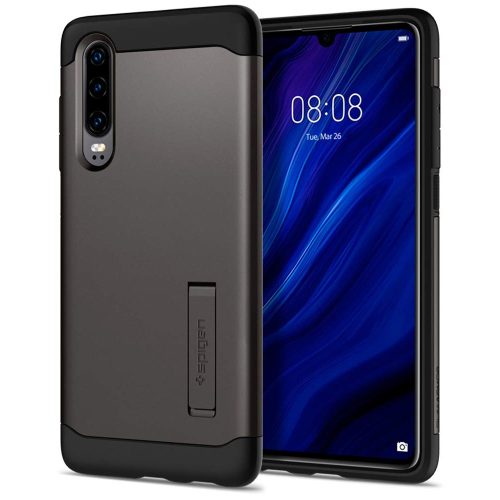 Huawei P30, silikónové puzdro s plastovou zadnou časťou a podporou, Spigen Slim Armor, tmavosivé