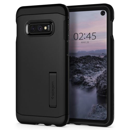 Samsung Galaxy S10e SM-G970, silikónové puzdro + plastová zadná strana so stojanom, Spigen Tough Armor, čierna