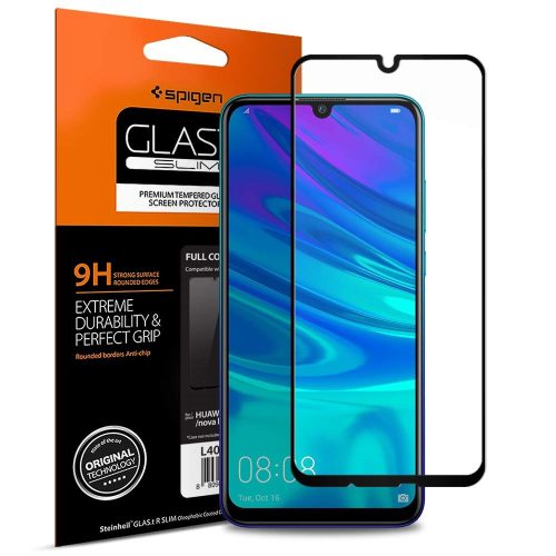 Huawei P Smart (2019 / 2020) / P Smart Plus (2019) / Honor 10 Lite, Ochranná fólia displeja, Fólia odolná proti nárazu (aj na zakrivenej časti!), Tvrdené sklo, 3D Full Cover, Spigen Glastr Slim Full Cover, čierna