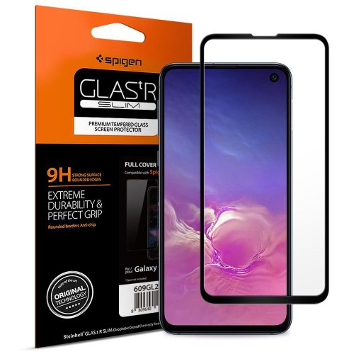 Samsung Galaxy S10e SM-G970, ochranná fólia displeja, fólia odolná voči nárazom (aj na zakrivenú časť!), tvrdené sklo, 3D Full Cover, Spigen Glastr Slim Full Cover, čierna