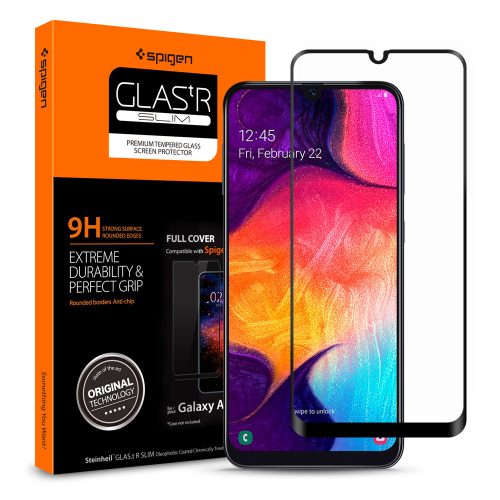 Samsung Galaxy A20 / A30 / A30s / A50 / A50s / M30, ochranná fólia displeja, fólia odolná proti nárazu (aj na zahnutú časť!), tvrdené sklo, 3D plný kryt, Spigen Glastr Slim Full Cover, čierna