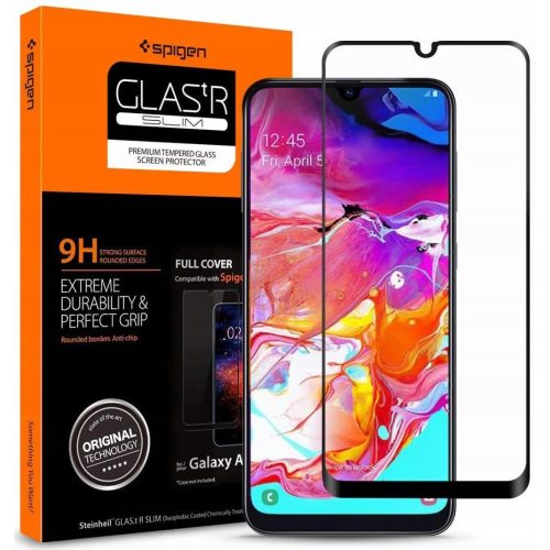 Samsung Galaxy A70 / A70s SM-A705F / A707F, Ochranná fólia displeja, Fólia odolná proti nárazu (vrátane zakrivenej strany!), Tvrdené sklo, 3D Full Cover, Spigen Glastr Slim Full Cover, čierna