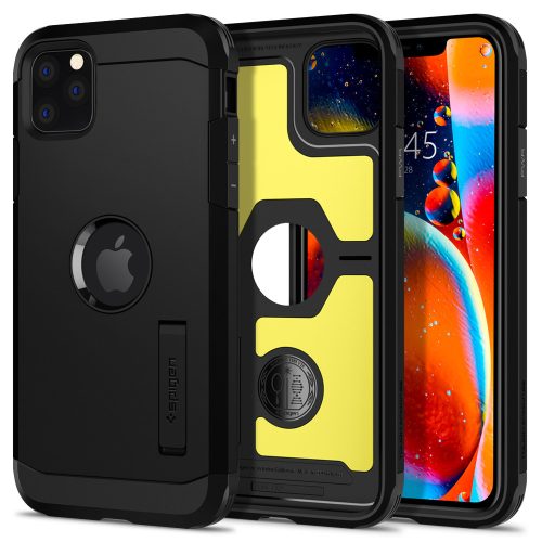 Apple iPhone 11 Pro Max, silikónové puzdro + plastový chrbát s opierkou, Spigen Tough Armor, čierna