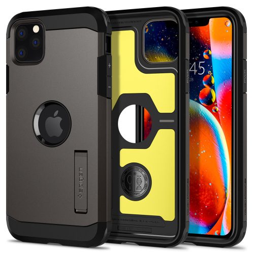 Apple iPhone 11 Pro Max, Silikónové puzdro + plastový chrbát s opierkou, Spigen Tough Armor, tmavosivá farba