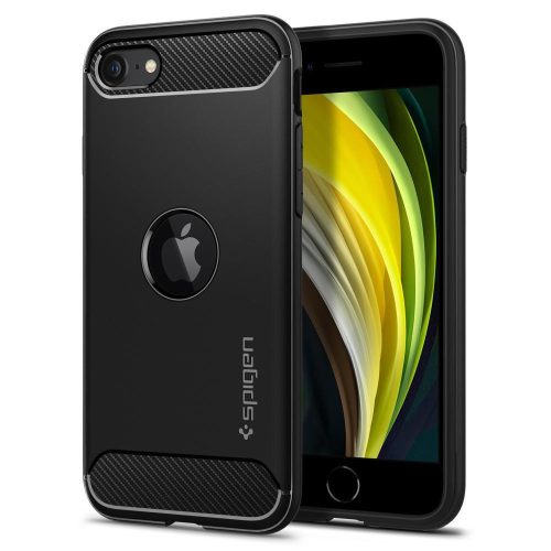 Apple iPhone SE (2020) / SE (2022), silikónové puzdro, Spigen Rugged Armor, karbónový vzor, čierna farba