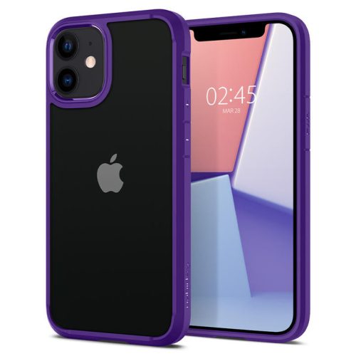 Apple iPhone 12 Mini, silikónové puzdro + plastový rám, stredne odolné proti nárazu, Spigen Crystal Hybrid, číre/fialové