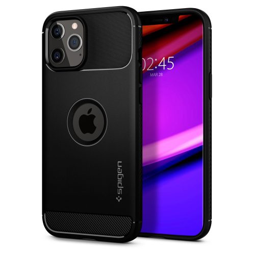 Apple iPhone 12 / 12 Pro, silikónové puzdro, Spigen Rugged Armor, karbónový vzor, čierne