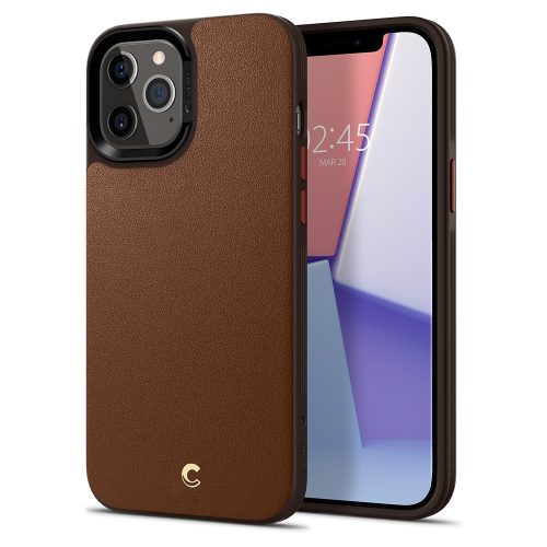 Apple iPhone 12 Pro Max, silikónové ochranné puzdro + plastový zadný kryt, stredne odolné proti nárazu, kožený zadný kryt, Spigen Ciel Cyril Leather Brick, hnedá