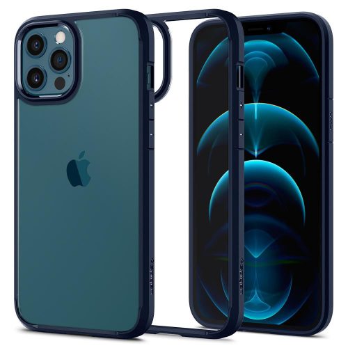 Apple iPhone 12 / 12 Pro, Plastový zadný kryt + silikónový rám, Spigen Ultra Hybrid, číry/modrý