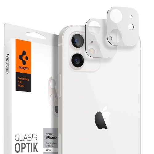 Apple iPhone 12, ochranná fólia na objektív fotoaparátu, fólia odolná proti nárazu, tvrdené sklo, Spigen Glastr Optik, biela, 2 ks / balenie