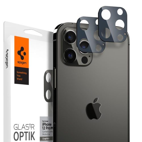 Apple iPhone 12 Pro Max, Fólia na ochranu objektívu fotoaparátu, Fólia odolná proti nárazu, Tvrdené sklo, Spigen Glastr Optik, Sivá, 2 ks / balenie