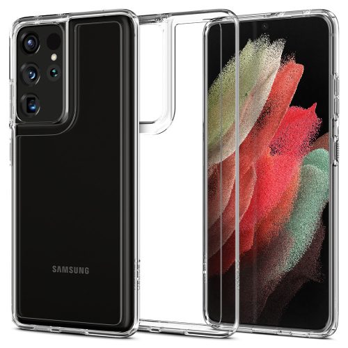 Samsung Galaxy S21 Ultra 5G SM-G998, silikónové puzdro + plastový rám, stredne odolné proti nárazu, Spigen Crystal Hybrid, priehľadné