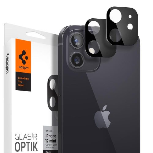 Apple iPhone 12 Mini, ochranná fólia na objektív fotoaparátu, fólia odolná proti nárazu, tvrdené sklo, Spigen Glastr Optik, čierna, 2 ks / balenie