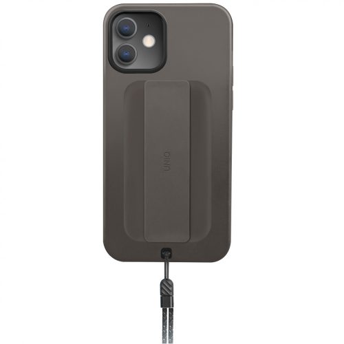 Apple iPhone 12 Pro Max, silikónový rám + plastový chrbát, remienok na prst + remienok na zápästie, Uniq Hybrid Heldro, sivá
