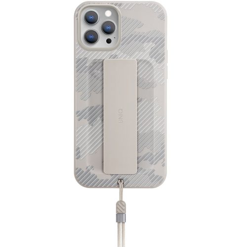 Apple iPhone 12 Pro Max, silikónový rám + plastový chrbát, remienok na prst + remienok na zápästie, maskáčový vzor, Uniq Hybrid Heldro, biela