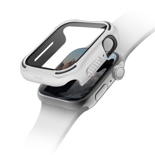 Apple Watch 4-6, SE (44 mm), plastové + silikónové ochranné puzdro, sklo 9H, stredne odolné proti nárazu, antibakteriálna ochrana, bez remienka, Uniq Torres, biele