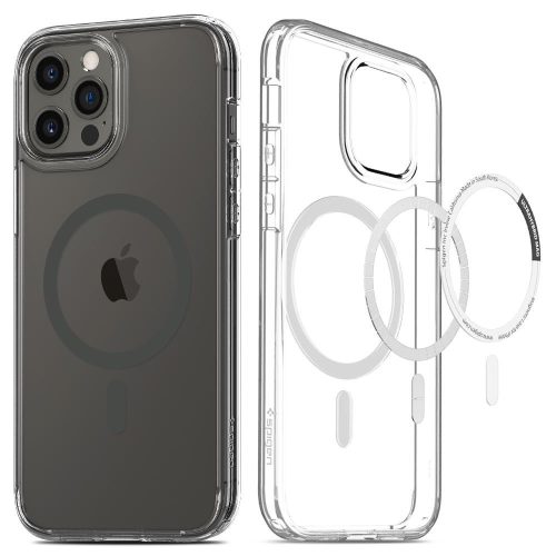 Apple iPhone 12 Pro Max, silikónové puzdro + plastový rám, odolné proti strednému nárazu, kompatibilné s nabíjačkou Magsafe, Spigen Crystal Hybrid Mag, číra/sivá