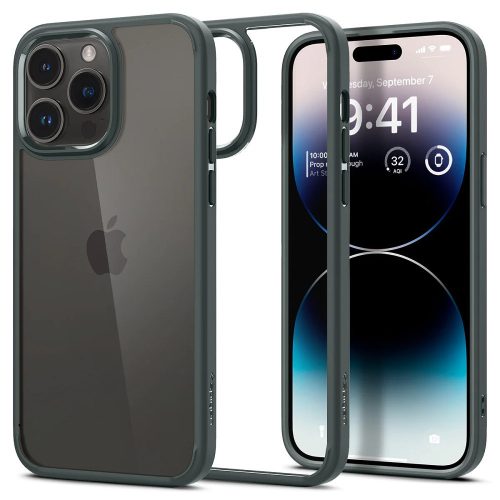 Apple iPhone 14 Pro Max, Plastový zadný kryt + silikónový rám, Spigen Ultra Hybrid, priehľadný/tmavozelený