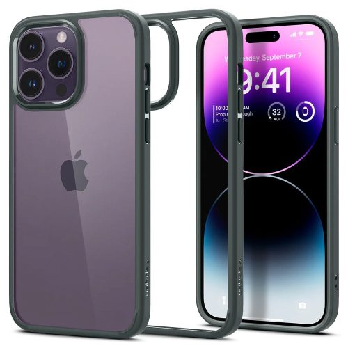 Apple iPhone 14 Pro, Plastový zadný kryt + silikónový rám, Spigen Ultra Hybrid, číra/tmavozelená