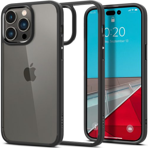 Apple iPhone 14 Pro, silikónové puzdro + plastový rám, odolné voči strednému nárazu, Spigen Crystal Hybrid, číra/čierna