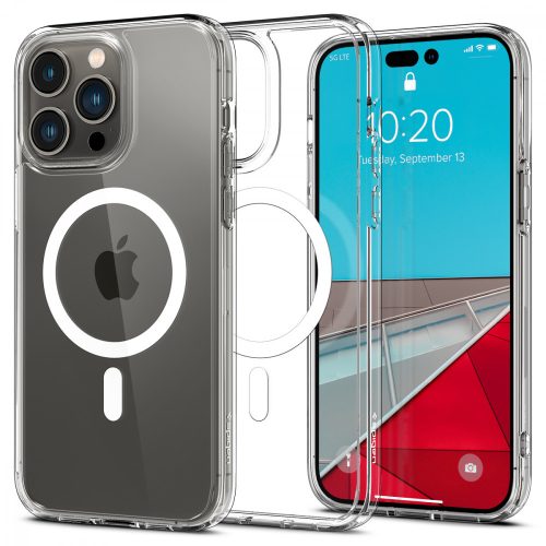 Apple iPhone 14 Pro, silikónové puzdro + plastový rám, stredne odolné proti nárazu, kompatibilné s nabíjačkou Magsafe, Spigen Crystal Hybrid Mag, číra/biela