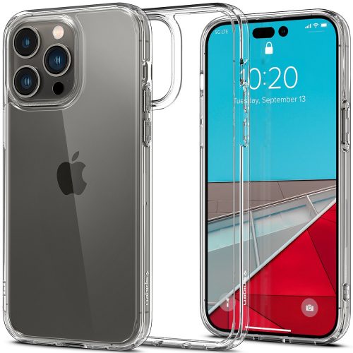 Apple iPhone 14 Pro, silikónové puzdro + plastový rám, odolné voči stredným nárazom, Spigen Crystal Hybrid, číre