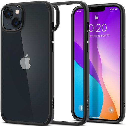 Apple iPhone 14, silikónové puzdro + plastový rám, stredne odolné proti nárazu, Spigen Crystal Hybrid, priehľadné/čierne