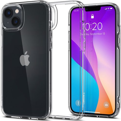 Apple iPhone 14, silikónové puzdro + plastový rám, stredne odolné proti nárazu, Spigen Crystal Hybrid, priehľadné