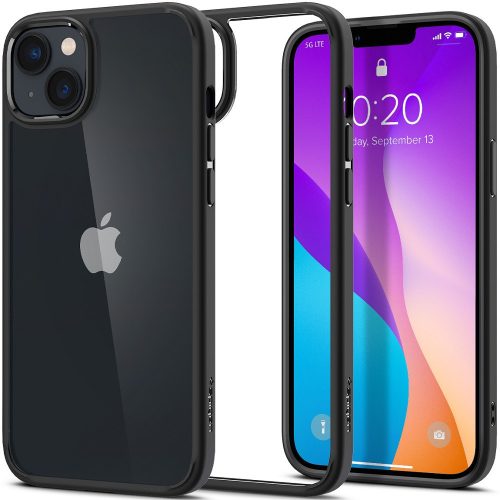 Apple iPhone 14 Plus, silikónové puzdro + plastový rám, stredne odolné proti nárazu, Spigen Crystal Hybrid, číre/čierne