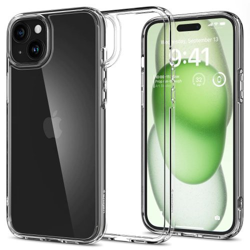 Apple iPhone 15 Plus, Plastový zadný kryt + silikónový rám, Spigen Ultra Hybrid, priehľadný