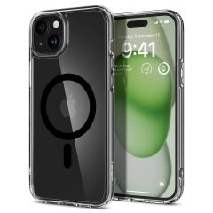   Apple iPhone 15 Plus, Plastový zadný kryt + silikónový rám, kompatibilný s nabíjačkou Magsafe, Spigen Ultra Hybrid Mag, priehľadný/čierny