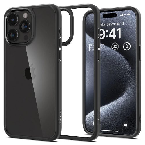 Apple iPhone 15 Pro, Plastový zadný kryt + silikónový rám, Spigen Ultra Hybrid, priehľadný/čierny