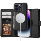 Apple iPhone 15 Pro, Bočné otváracie puzdro, stojan, s magnetickou sponou, odnímateľné puzdro, kompatibilné s nabíjačkou Magsafe, TP Wallett Magsafe, čierne
