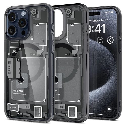 Apple iPhone 15 Pro, plastový zadný kryt + silikónový rám, kompatibilný s nabíjačkou Magsafe, vnútorný vzor iPhone, Spigen Ultra Hybrid Zero One Mag, priehľadný/dymový