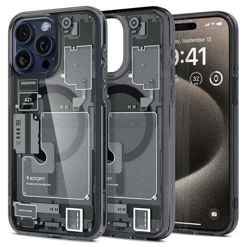 Apple iPhone 15 Pro Max, plastový zadný kryt + silikónový rám, kompatibilný s nabíjačkou Magsafe, vnútorný vzor iPhone, Spigen Ultra Hybrid Zero One Mag, transparentný/dymový