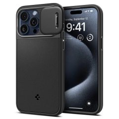   Apple iPhone 15 Pro Max, Silikónové puzdro, stredne odolné proti nárazu, ochrana fotoaparátu, kompatibilné s nabíjačkou Magsafe, Spigen Optik Armor Mag, čierne