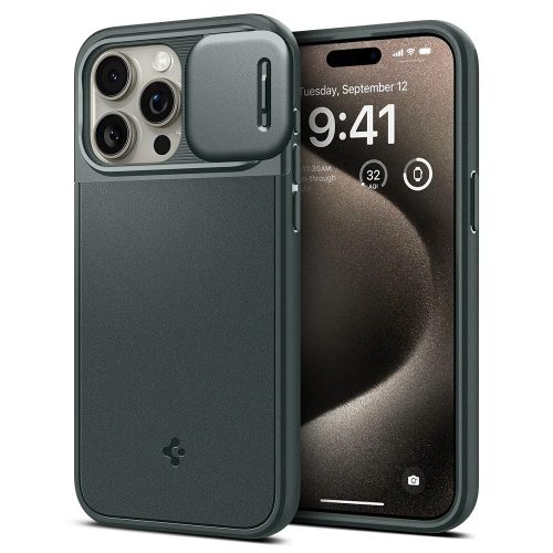 Apple iPhone 15 Pro Max, Silikónové puzdro, stredne odolné proti nárazu, ochrana fotoaparátu, kompatibilné s nabíjačkou Magsafe, Spigen Optik Armor Mag, tmavozelené