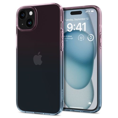 Apple iPhone 15, Silikónové puzdro, farebne priehľadné, Spigen Liquid Crystal Gradiation, priehľadné/ružové/modré
