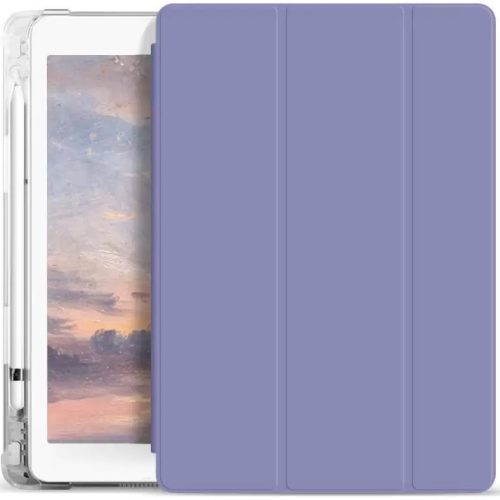 Apple iPad 10.2 (2019 / 2020 / 2021), puzdro s držiakom na ceruzku Apple Pencil, priehľadný silikónový zadný kryt, Smart Case, Xprotector Smart Book Flip, fialové