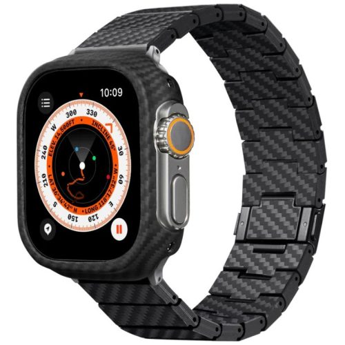 Apple Watch 1-6, SE (42/44 mm) / Watch 7-8 (45 mm) / Watch Ultra (49 mm), kovový remienok, magnetické zapínanie, uhlíkový vzor, moderný remienok z uhlíkových vlákien Pitaka, čierny