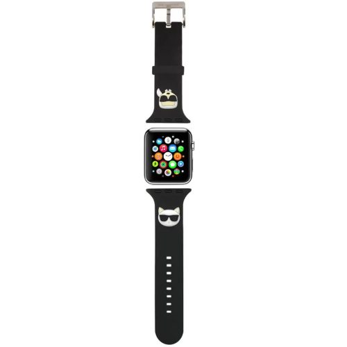 Apple Watch 4-6, SE, SE (2022) (38 / 40 mm) / Watch 7-9 (41 mm), silikónový remienok, nastaviteľný, vzor slnečných okuliarov a mačičky, Karl Lagerfeld, čierna